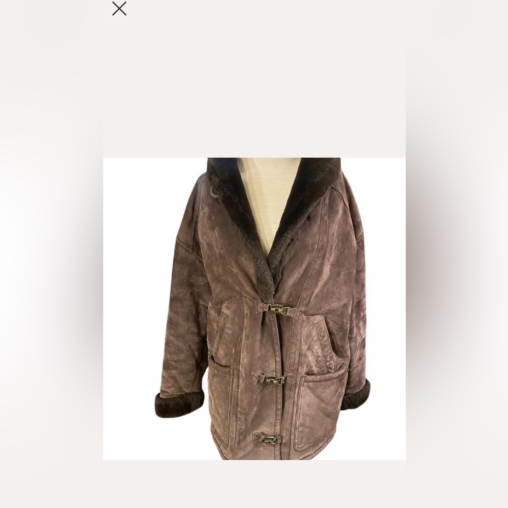 Vtg S Brown Leather Suede metal hook closures Coat W Faux Fur Penny Lane afhgan